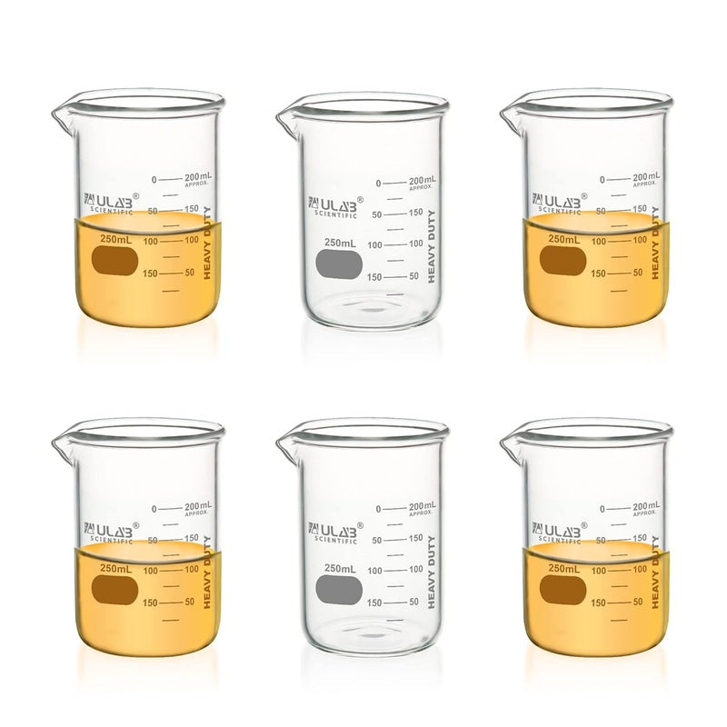 ULAB Heavy Duty Glass Beakers, 6pcs of Vol.250ml(8.45oz), Borosilicate 3.3 Glass, Thick Wall Beakers, with Double Scale, Superior Durability & Chemical Resistance, UBG1055 - Image 1